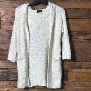 Fuzzy Hooded Cardigan Open Front Eyelash Knit Sweater Pockets L Ivory